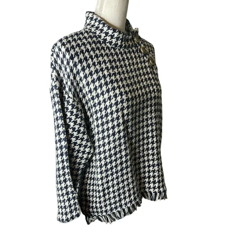 ZARA Blue & White Houndstooth High Neck Sweater Top Sz XS